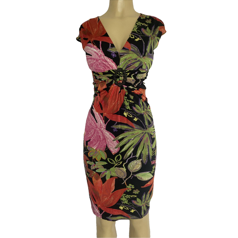 Cache Dress Sheath Cap Sleeve Floral V Neck Ruched 4 S Knee Length Stretch